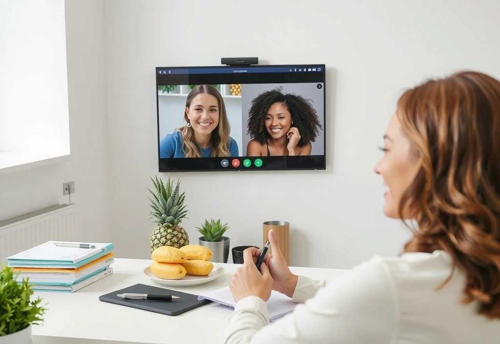 Eine Person, die über Video mit einem Ernährungsberater spricht und dabei lächelt und Notizen macht.